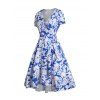 Allover Flower Print Tie Wrap Dress Surplice Plunge Flounce Asymmetric Vacation Dress - BLUE S