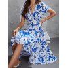 Allover Flower Print Tie Wrap Dress Surplice Plunge Flounce Asymmetric Vacation Dress - BLUE S