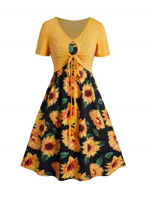 Sunflower Print Sleeveless High Waisted A Line Mini Dress And Plain Cinched Tied Cropped Top Set