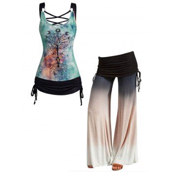 

Tie Dye Tree Moon Print Crisscross Ruched Tank Top And Ombre Print Cinched Foldover Wide Leg Pants Casual Outfit, Multicolor a