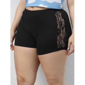 

Plus Size Shorts Sheer Lace Panel Elastic Waist Plain Color Casual Shorts, Black