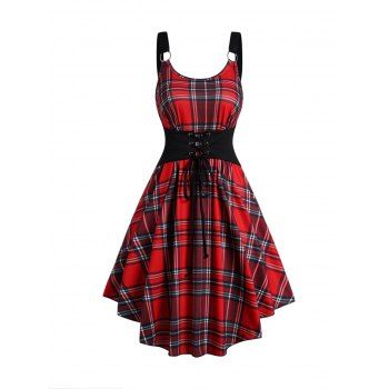 

Plaid Print Lace Up Cami Dress O Ring Curved Hem Scoop Neck Dress, Deep red