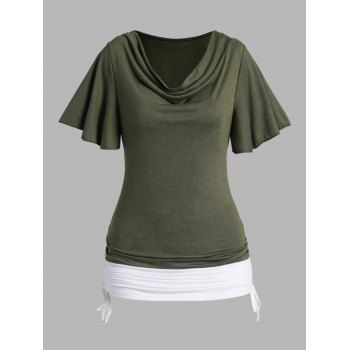 

Colorblock Cinched Cowl Neck T-shirt Flutter Sleeve Long Casual Tee, Deep green