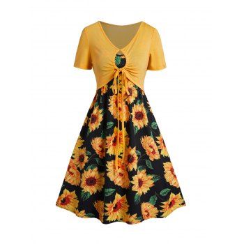 

Sunflower Print Sleeveless High Waisted A Line Mini Dress And Plain Cinched Tied Cropped Top Set, Black