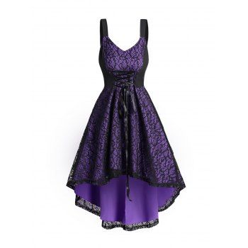 

Lace Up High Low Dress Colorblock Lace Overlay Backless Midi Dress, Concord