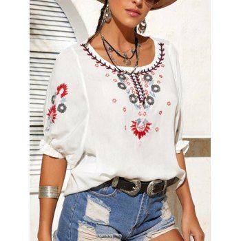 

Floral Tree Embroidery Batwing Sleeve Blouse Round Neck Ethnic Blouse, White