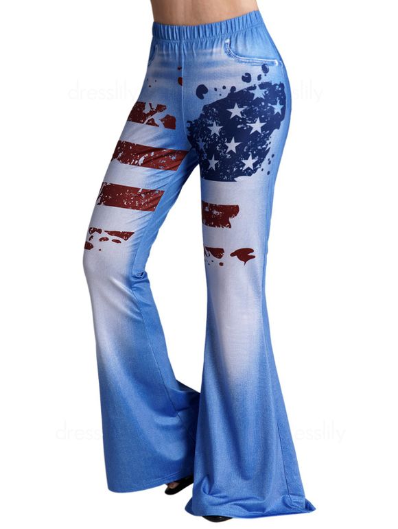 Pantalon Long Evasé 3D Drapeau Américain Imprimé à Taille Haute en Faux Denim - Bleu clair XL