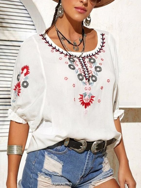 Floral Tree Embroidery Batwing Sleeve Blouse Round Neck Ethnic Blouse - WHITE L