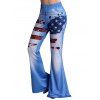 Pantalon Long Evasé à Imprimé 3D Drapeau Américain à Taille Haute en Faux Denim - Bleu clair S