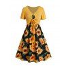 Ensemble de Top Court Noué Plissé Simple et Mini Robe Ligne A à Imprimé Tournesol à Taille Haute sans Manches - Noir S