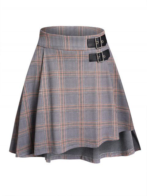 Plaid Print Skirt Buckle Strap Zip Fly High Low Pleated A Line Mini Skirt