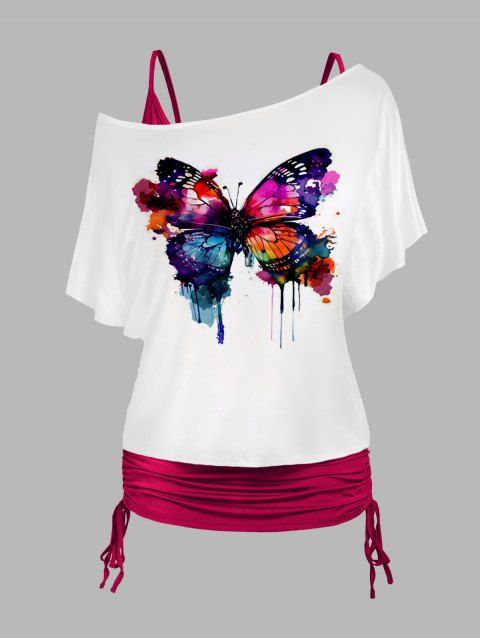 Plus Size Colored Butterfly Print Skew Neck T Shirt And Plain Cinched Ruched Long Tank Top Colorblock Set