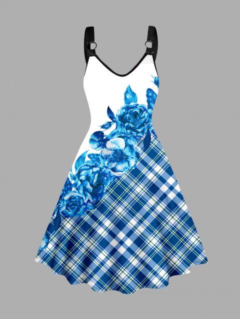 Plus Size Dress Plaid Rose Print V Neck O-ring Strap Sleeveless A Line Midi Dress
