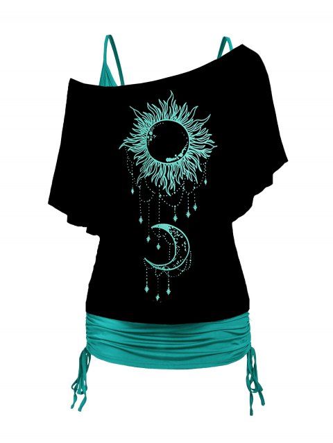 Ensemble de T-shirt à Imprimé Lune et Soleil Manches Longues à Col Oblique et de Débardeur Ruché Simple à Volants