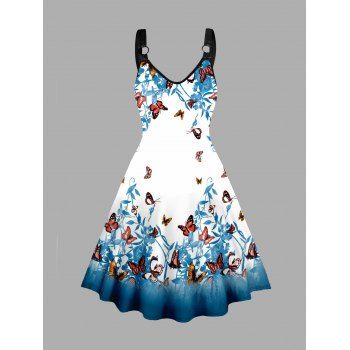 

Plus Size Dress Butterfly Leaf Print O-ring Strap V Neck Sleeveless A Line Midi Dress, Blue