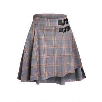 

Plaid Print Skirt Buckle Strap Zip Fly High Low Pleated A Line Mini Skirt, Gray