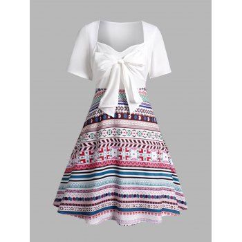 

Tribal Floral Geometric Print Mini Dress Front Bowknot Short Sleeve Combo Dress, White