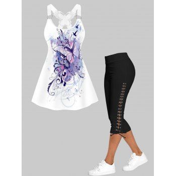 

Butterfly Print Lace Insert O Ring Tank Top And Lace Up Skinny Crop Leggings Casual Outfit, Multicolor