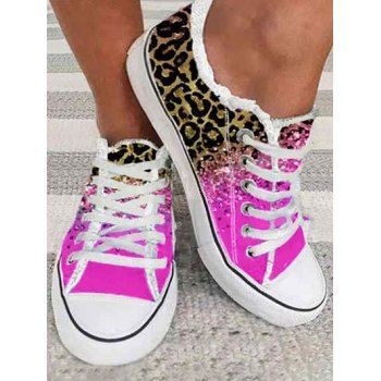 

Colorblock Leopard Print Frayed Hem Lace Up Canvas Shoes, Rose red