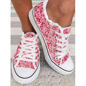 

Allover Rose Print Lace Up Frayed Hem Canvas Shoes, Rose red