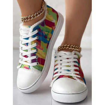 

Printed Lace Up Frayed Hem Outdoor Canvas Shoes, Multicolor a