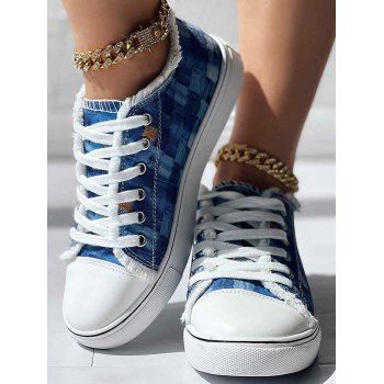 

Printed Lace Up Frayed Hem Outdoor Canvas Shoes, Blue