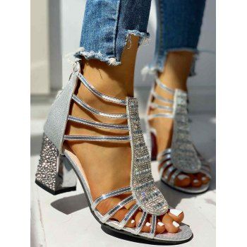 

Rhinestone Thick Heels Ladder Cut Out Open Toe Outdoor Sandals, Silver