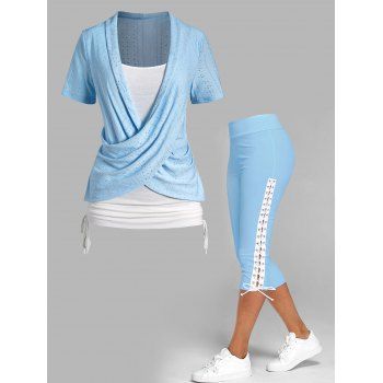

Colorblock Hollow Out Cinched Crossover Faux Twinset T Shirt And Lace Up Skinny Crop Leggings Casual Outfit, Light blue