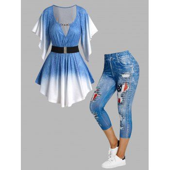 

Faux Denim 3D Print Surplice Cut Out Chain Butterfly Sleeve Belted T-shirt And Patriotic American Flag Print Capri Jeggings Outfit, Blue