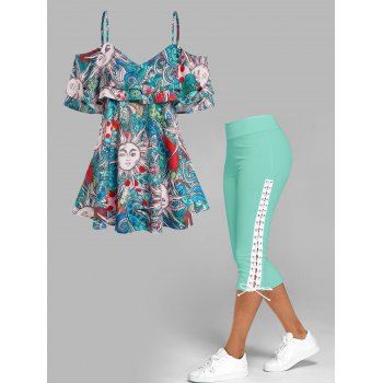 

Celestial Sun Floral Paisley Print Cold Shoulder Layered Flounce Blouse And Lace Up Crop Leggings Casual Outfit, Multicolor