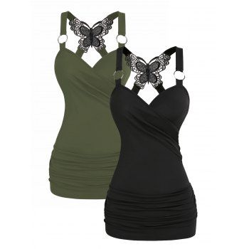 

Two Piece Tank Top Ruched Butterfly Lace Cross O Ring Surplice Tops Set, Multicolor
