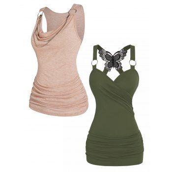 

Two Piece Top Draped Ruched Chain Embellishment Tank Top And Butterfly Lace Cross Tank Top Set, Multicolor