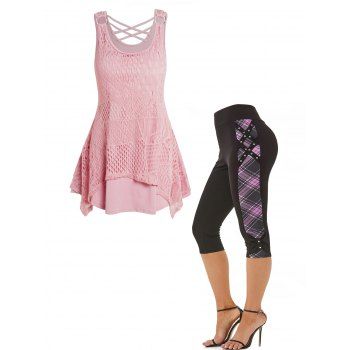 

Hollow Out O Ring Crisscross Long Tank Top And Plaid Rivet Bowknot Capri Leggings Outfit, Multicolor