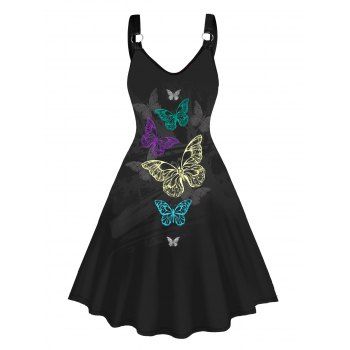 

Butterfly Print Dress Gothic V Neck O-ring Strap V Neck Sleeveless A Line Midi Dress, Black