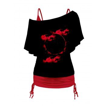 

Plus Size Cloud Moon Print Skew Neck T Shirt And Plain Cinched Ruched Long Tank Top Colorblock Set, Red