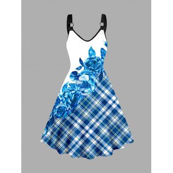 

Plus Size Dress Plaid Rose Print V Neck O-ring Strap Sleeveless A Line Midi Dress, Blue