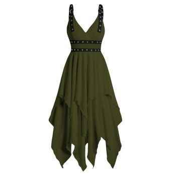 

Plain Color Layered Dress Grommet Plunging Neck Empire Waist Adjustable Strap Asymmetrical Midi Dress, Deep green