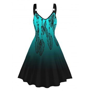 

Ombre Leaf Print Dress O-ring Strap V Neck Sleeveless A Line Midi Dress, Black