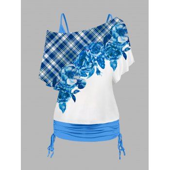 

Plus Size Plaid Rose Print Skew Neck T Shirt And Plain Cinched Ruched Tank Top Set, Blue