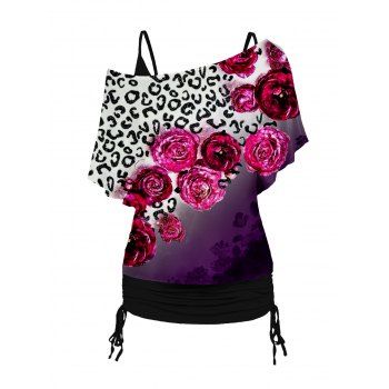 

Plus Size T Shirt Leopard Rose Ombre Skew Neck T Shirt Ruched Cinched Long Tank Top Set, White