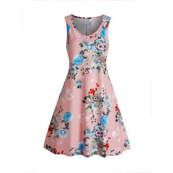 

Flower Print Vacation Mini Dress Hidden Pockets V Neck Sleeveless A Line Tank Dress, Light pink