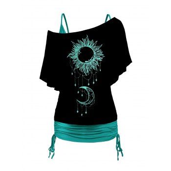 

Sun Moon Print Skew Neck Flutter Sleeve T Shirt And Cinched Ruched Plain Long Tank Top Set, Black