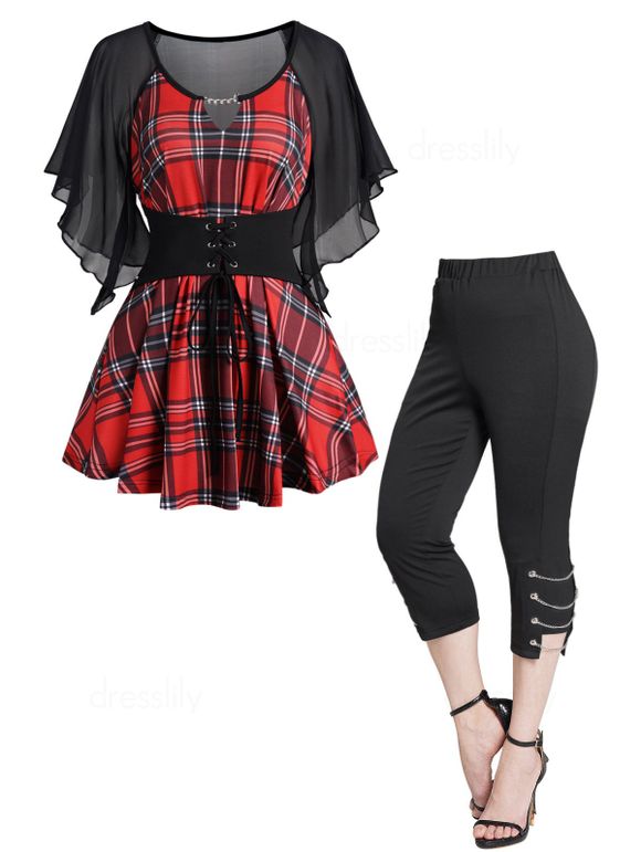 Ensemble Décontracté de T-shirt Long à Carreaux Imprimé à Manches Bouffantes Mousseline de Soie et Pantalon Capri Chaîne à Lacets - multicolor S