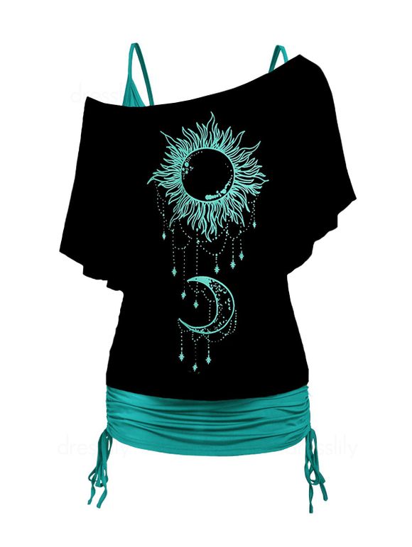 Sun Moon Print Skew Neck Flutter Sleeve T Shirt And Cinched Ruched Plain Long Tank Top Set - BLACK M