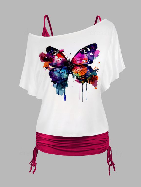 Ensemble de T-shirt à Imprimé Papillon Coloré à Cou Oblique Grande Taille et de Débardeur Long Simple à Volants - Rouge 1X