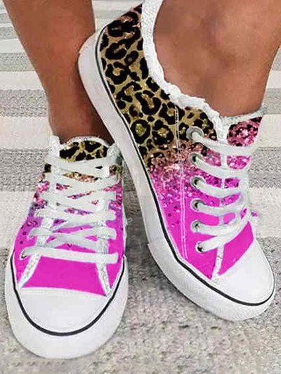 Colorblock Leopard Print Frayed Hem Lace Up Canvas Shoes - Rouge Rose EU 38