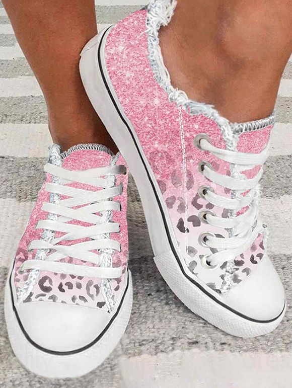Printed Leopard Lace Up Frayed Hem Canvas Shoes - Rose EU 42