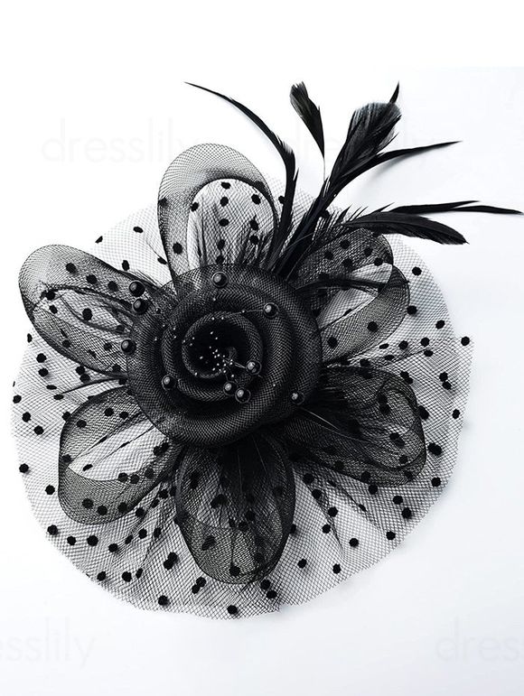 Accessoire Chapeau Fascinateur pour Cheveux Vintage en Maille Motif Fleur et Fausse Plume - Noir 