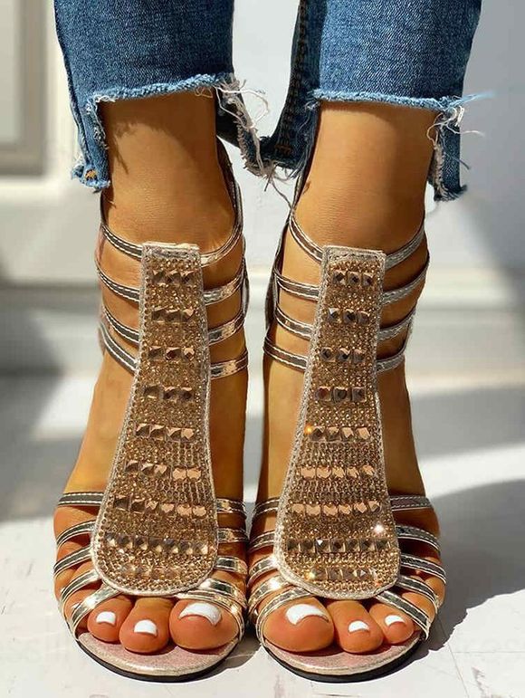 Rhinestone Thick Heels Ladder Cut Out Open Toe Outdoor Sandals - d'or EU 38