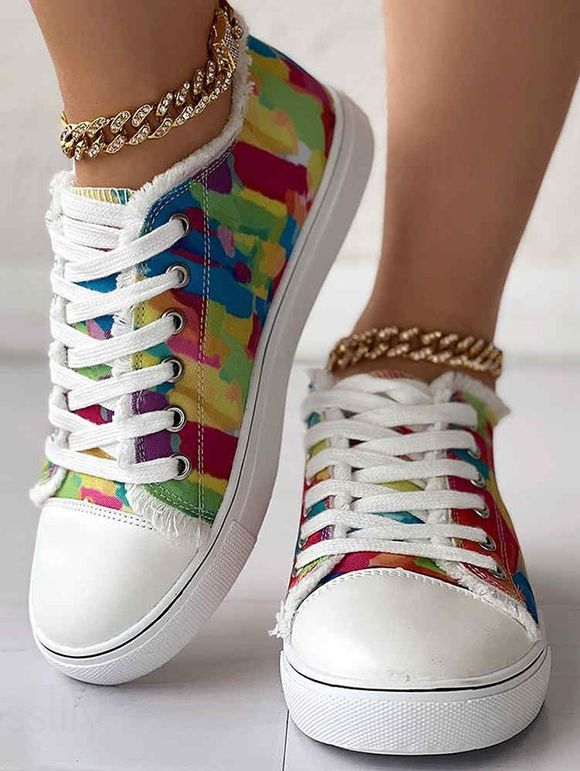 Printed Lace Up Frayed Hem Outdoor Canvas Shoes - multicolor A EU 41